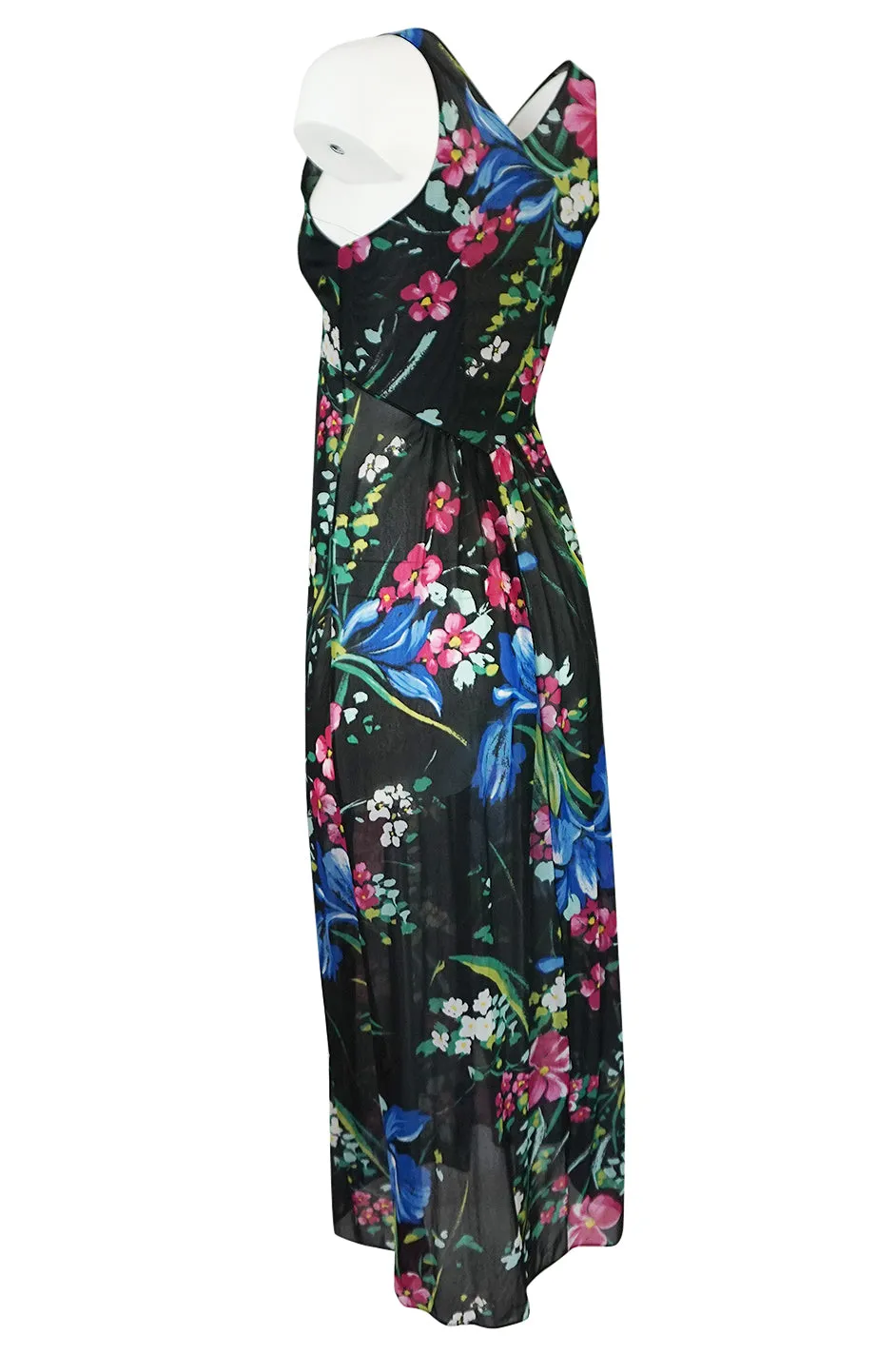 1960s Unlabeled Bright Floral Print On Black Nylon Lingerie Dress