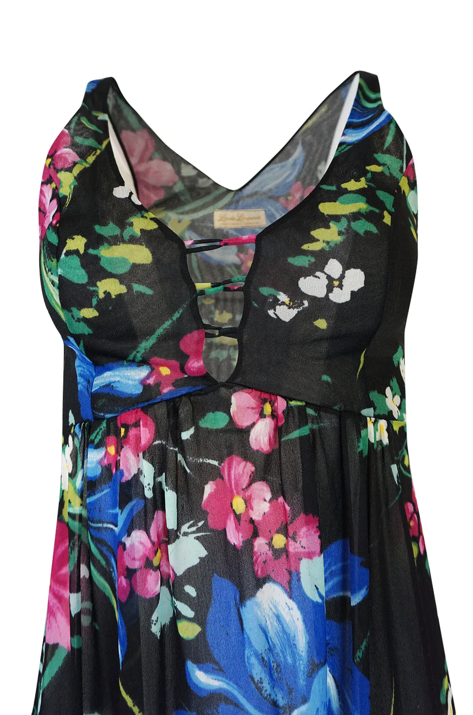 1960s Unlabeled Bright Floral Print On Black Nylon Lingerie Dress
