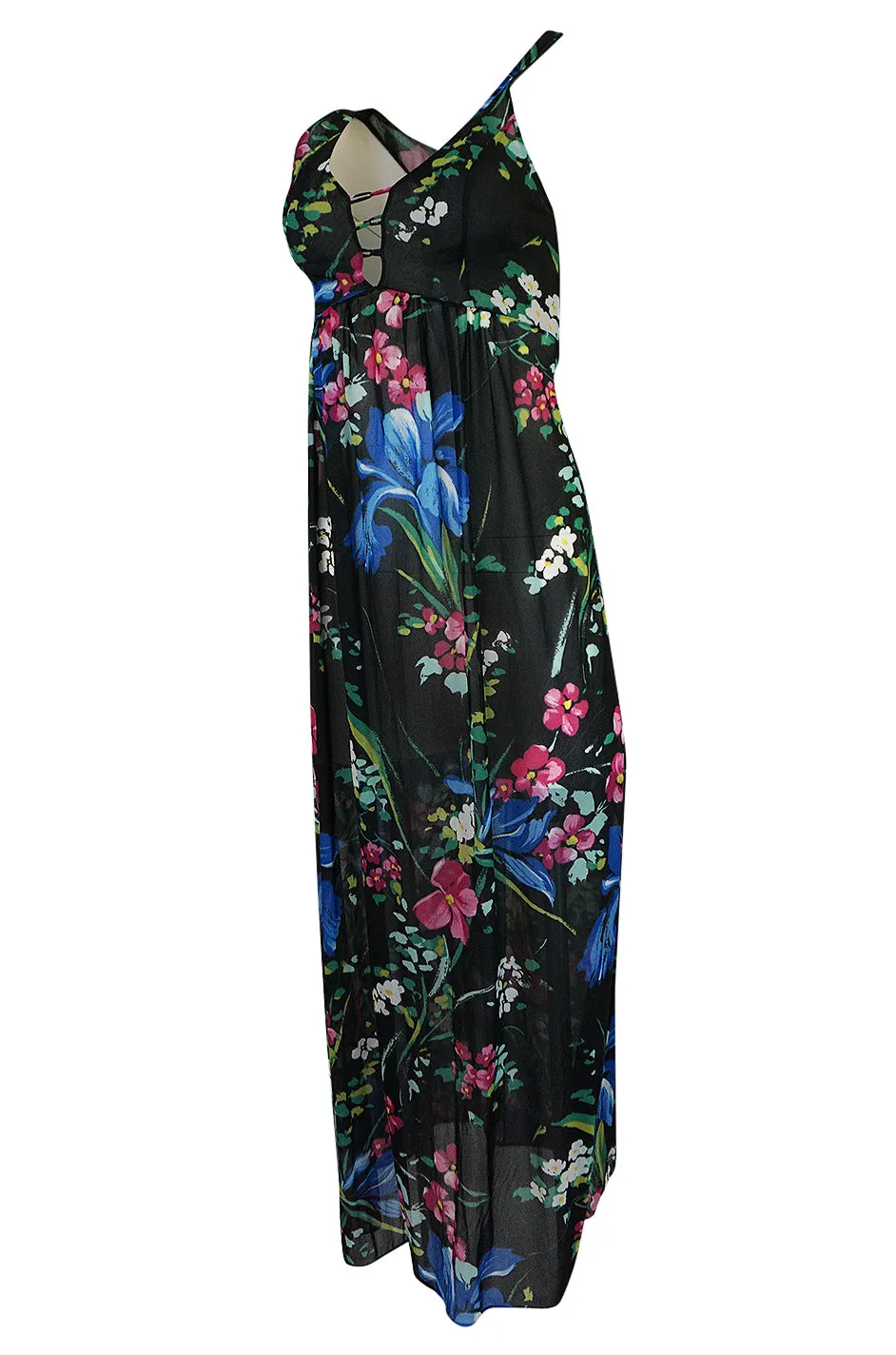 1960s Unlabeled Bright Floral Print On Black Nylon Lingerie Dress