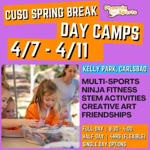4/7 - 4/11 | Mon - Fri<br>8:30-4:00 PM | Ages 3-7<br>Sports, STEM, Ninja Fitness<br>Kelly Elementary Park, Carlsbad