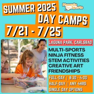 7/21 - 7/25 | 8:30 - 4:00<br>Ages 3-7 | Mon - Fri<br>STEM, Sports, Martial Arts<br>Laguna (Kelly) Park, Carlsbad<br>Separated Age Groups