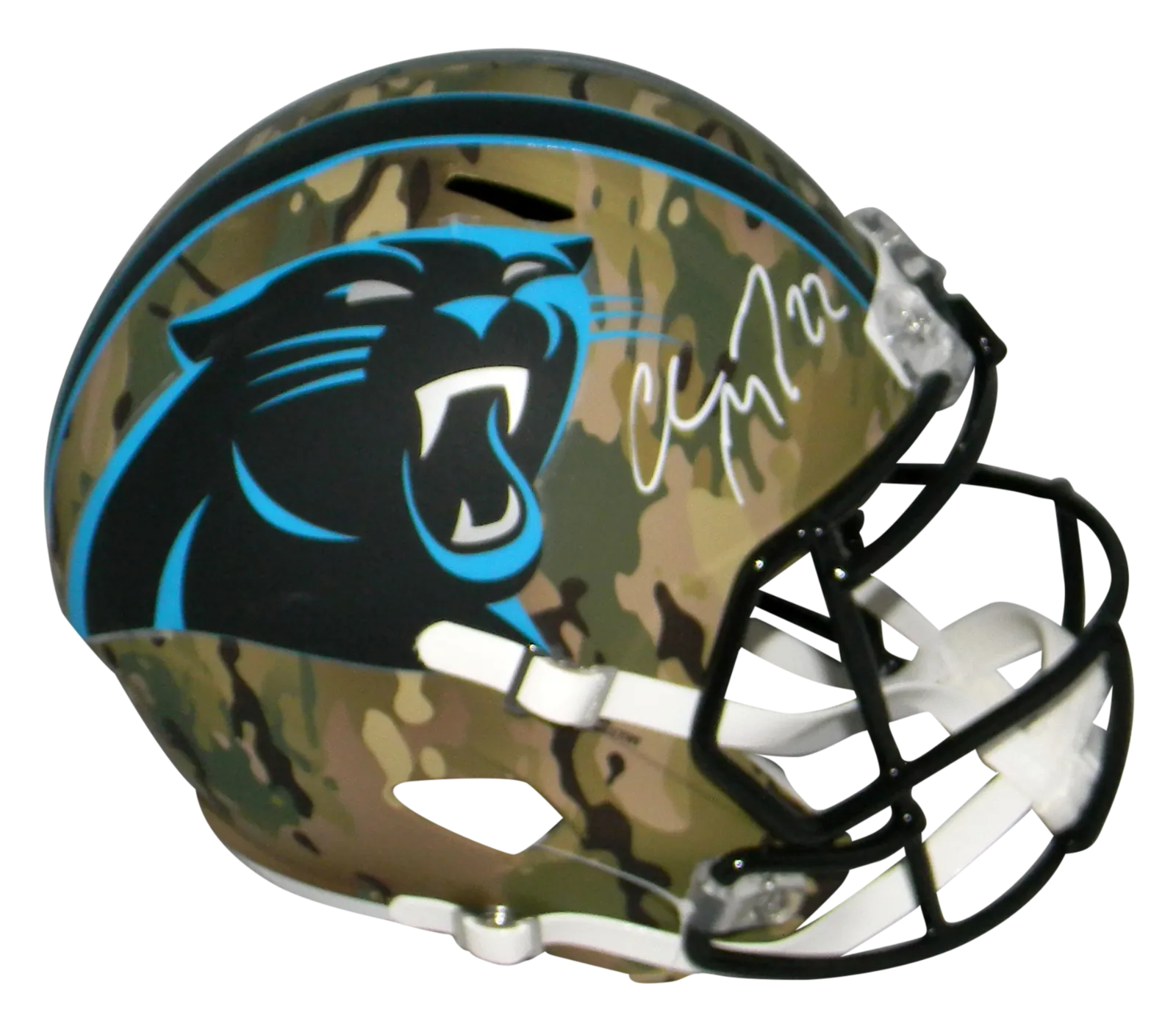 CHRISTIAN McCAFFREY SIGNED CAROLINA PANTHERS CAMO FULL SIZE SPEED HELMET BAS