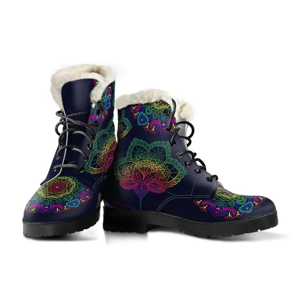 Colorful Flower Mandala Faux Fur Eco-Friendly Leather Boots