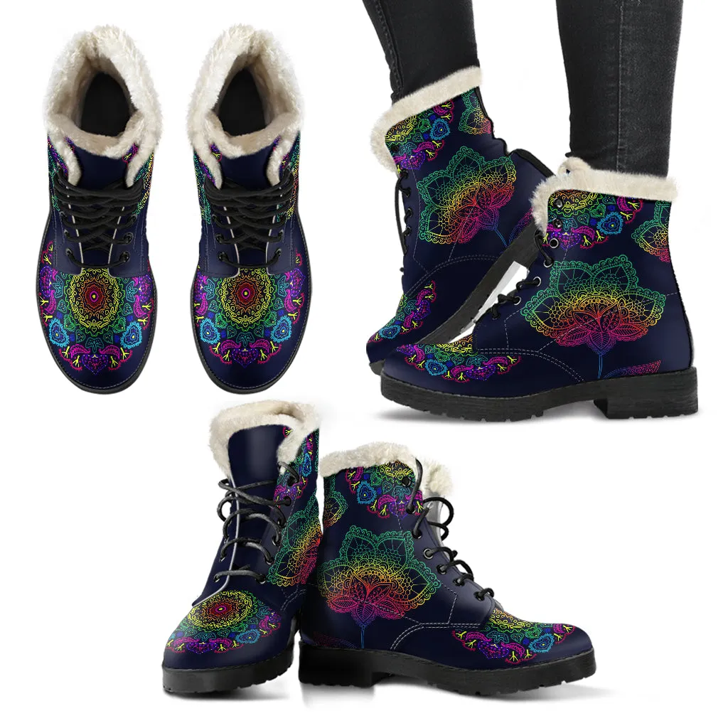 Colorful Flower Mandala Faux Fur Eco-Friendly Leather Boots