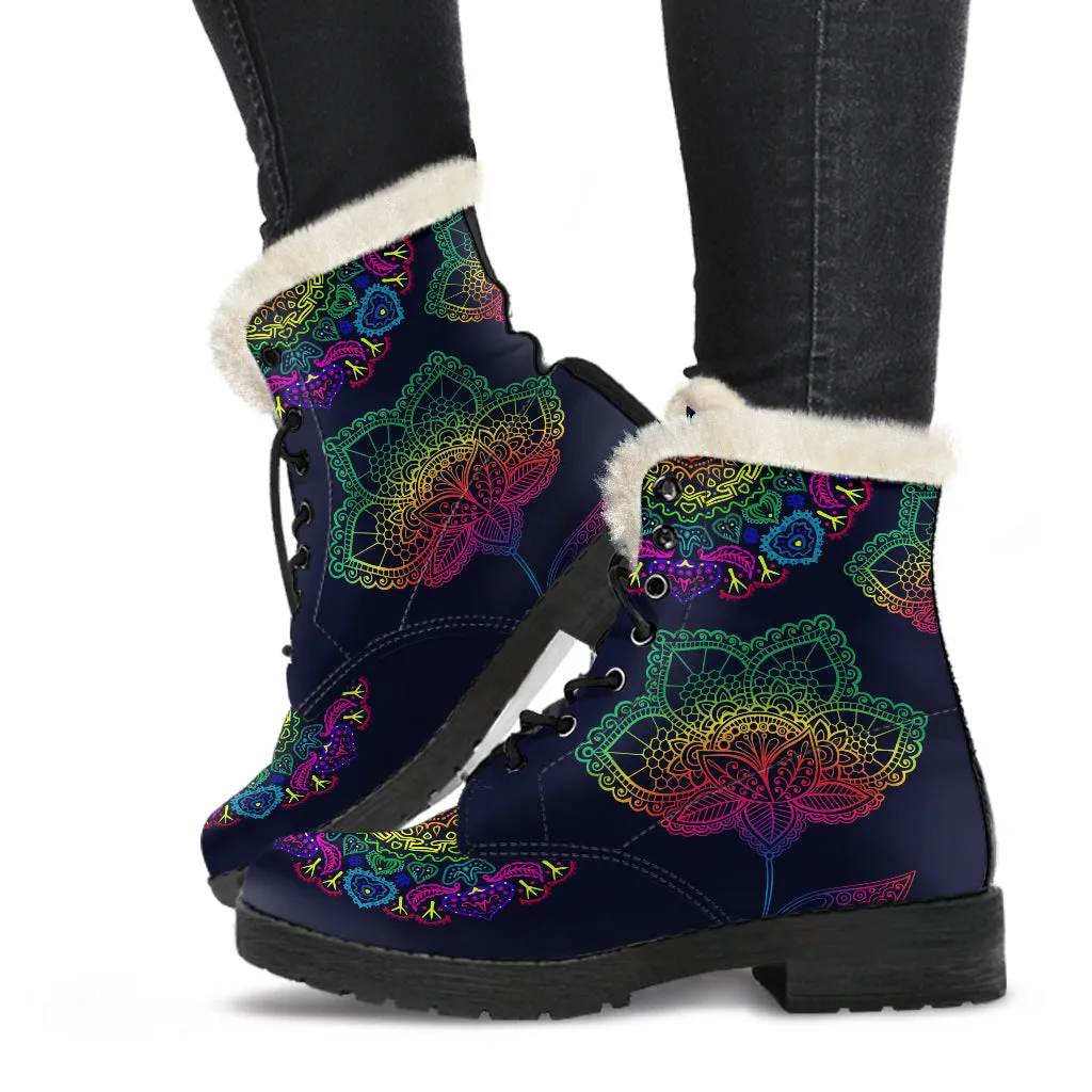 Colorful Flower Mandala Faux Fur Eco-Friendly Leather Boots