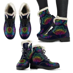 Colorful Flower Mandala Faux Fur Eco-Friendly Leather Boots