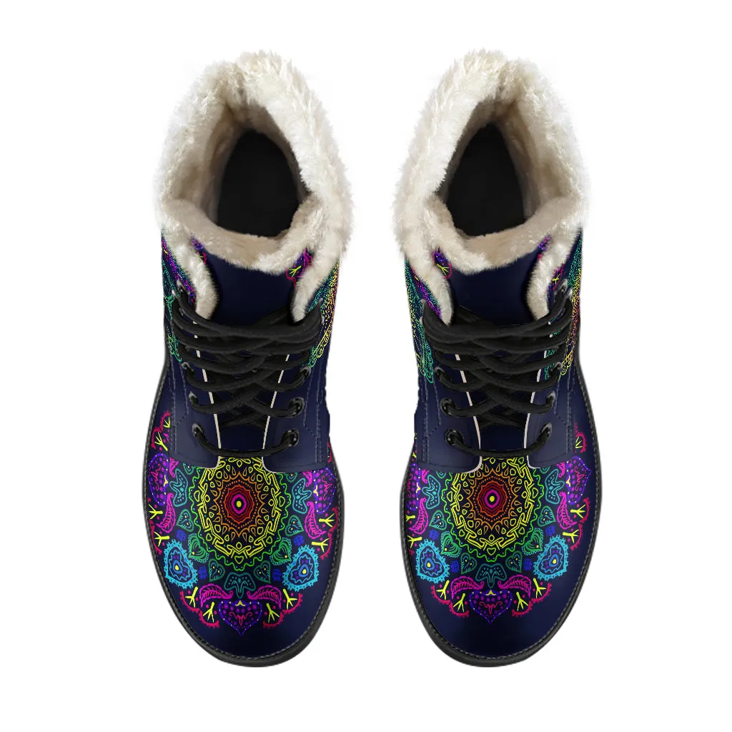 Colorful Flower Mandala Faux Fur Eco-Friendly Leather Boots