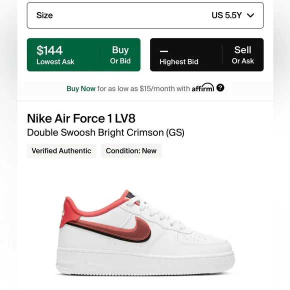 EUC Youth’s Size 5.5 Nike Air Force 1 LV8 GS Double Swoosh Shoes Bright Crimson