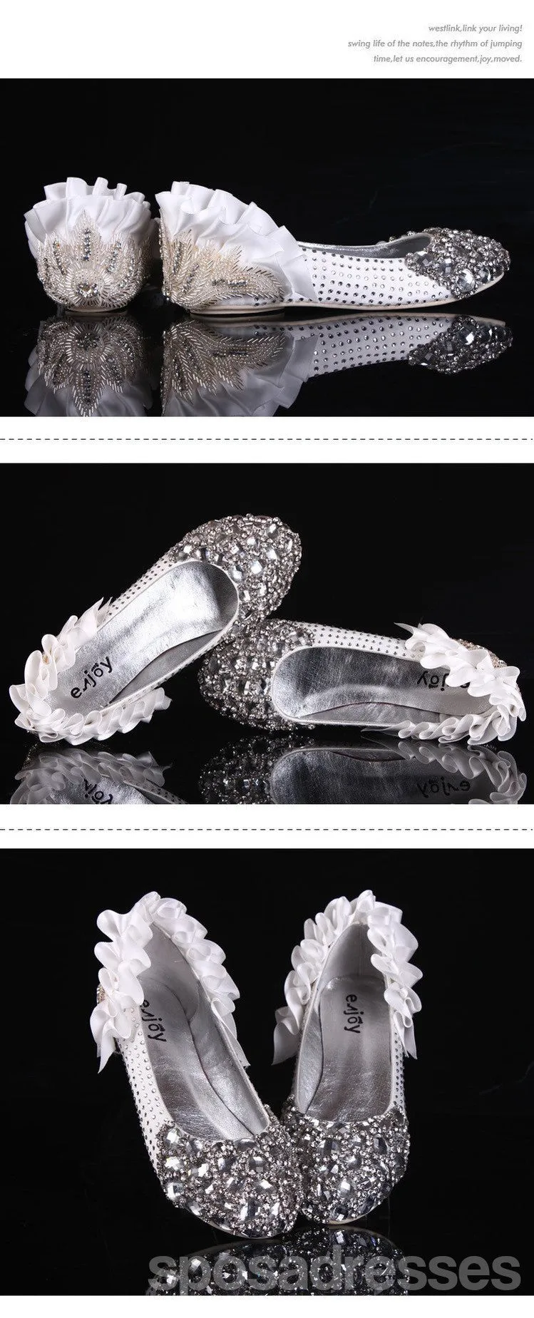 Fashion Sparkly Crystal Flat Heels Pointed Toe Rhinestone Wedding Bridal Shoes, S004