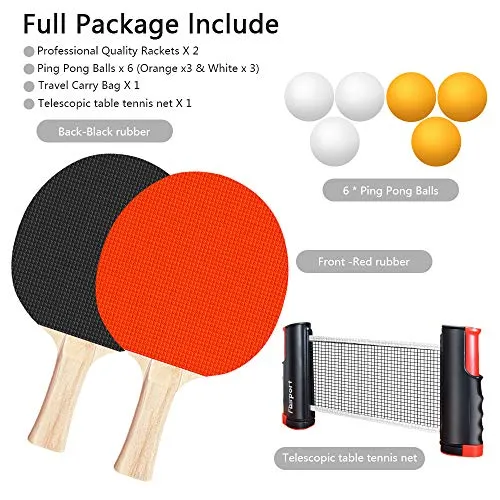 FBSPORT Ping Pong Paddle Set, Portable Table Tennis Set with Retractable Net, 2 Rackets, 6 Balls and Carry Bag for Children Adult Indoor/Outdoor Games, Black