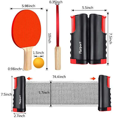 FBSPORT Ping Pong Paddle Set, Portable Table Tennis Set with Retractable Net, 2 Rackets, 6 Balls and Carry Bag for Children Adult Indoor/Outdoor Games, Black