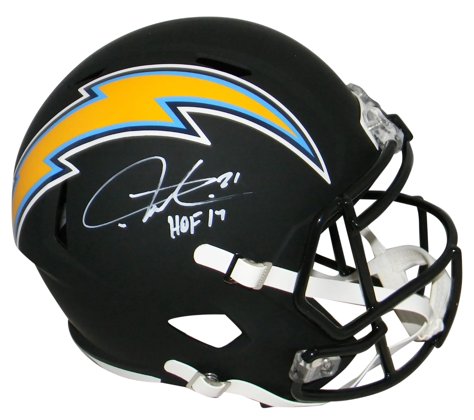 LADAINIAN TOMLINSON SIGNED SAN DIEGO CHARGERS FULL SIZE BLACK HELMET W/ HOF 17