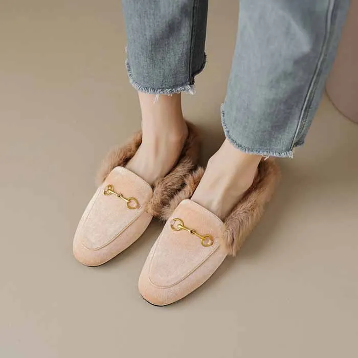 Ladies flat heeled winter shoes lined with rabbit fur slippers
