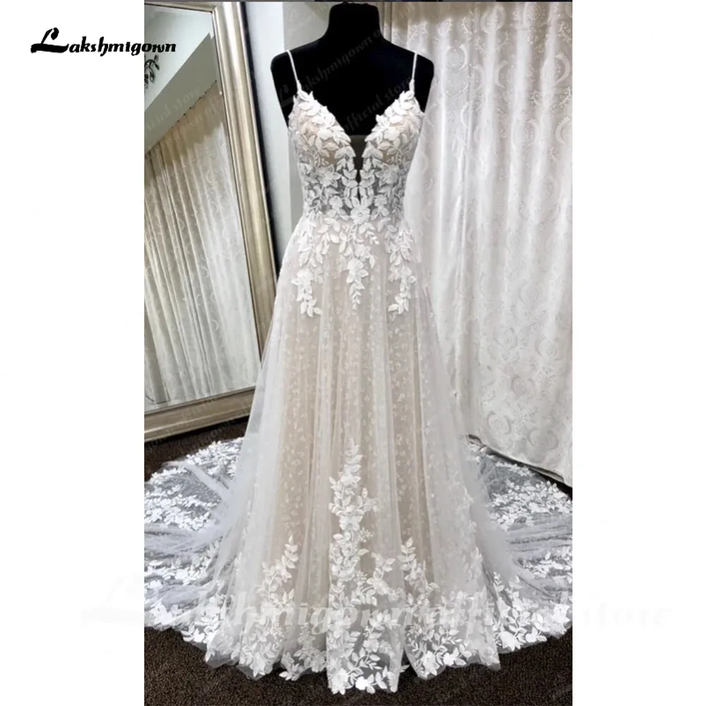 Lakshmigown Deep V Neck Lace Floral Wedding Dress for Women 2024 Bridal Gown Champagne Backless Spaghetti Straps abito da sposa