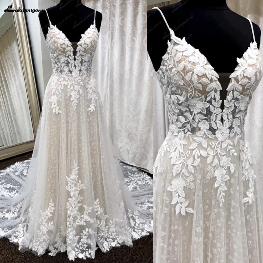 Lakshmigown Deep V Neck Lace Floral Wedding Dress for Women 2024 Bridal Gown Champagne Backless Spaghetti Straps abito da sposa