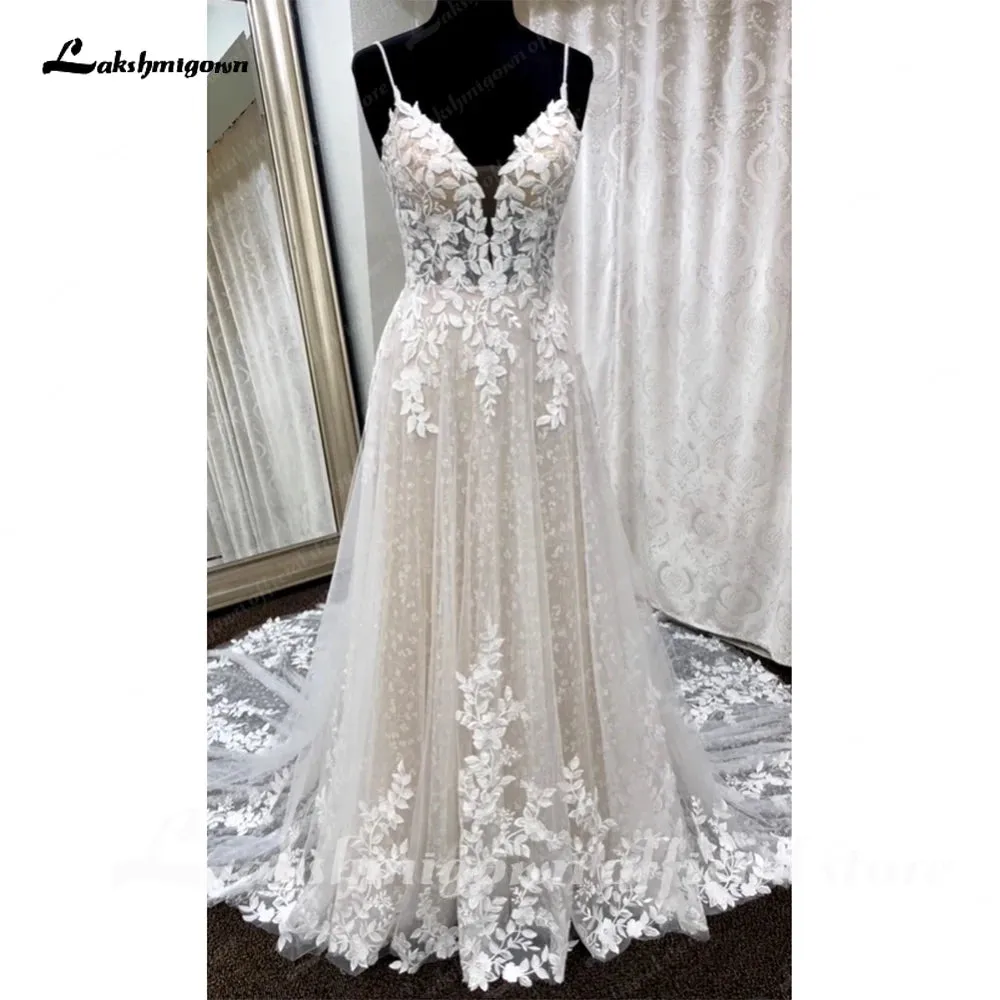 Lakshmigown Deep V Neck Lace Floral Wedding Dress for Women 2024 Bridal Gown Champagne Backless Spaghetti Straps abito da sposa