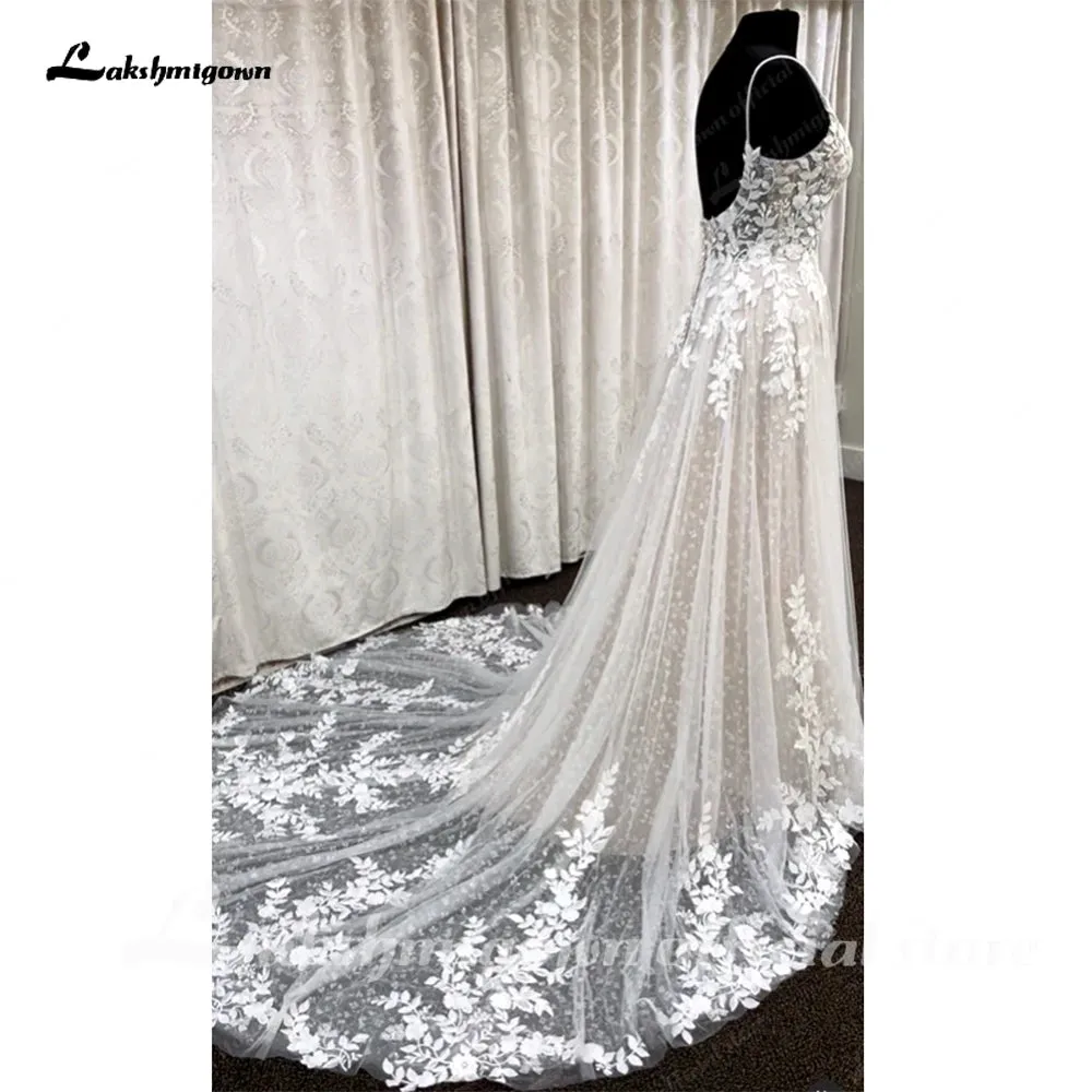 Lakshmigown Deep V Neck Lace Floral Wedding Dress for Women 2024 Bridal Gown Champagne Backless Spaghetti Straps abito da sposa