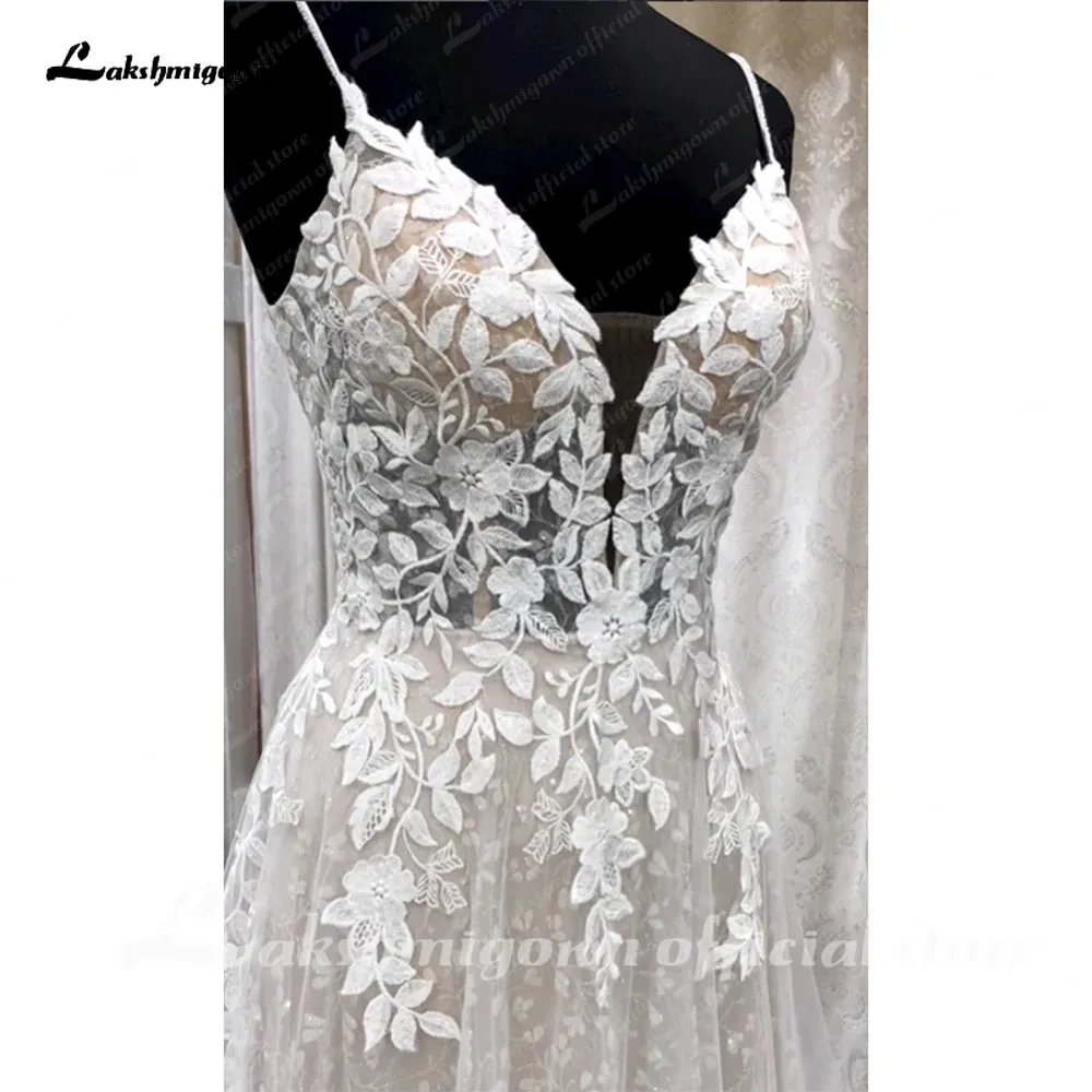 Lakshmigown Deep V Neck Lace Floral Wedding Dress for Women 2024 Bridal Gown Champagne Backless Spaghetti Straps abito da sposa