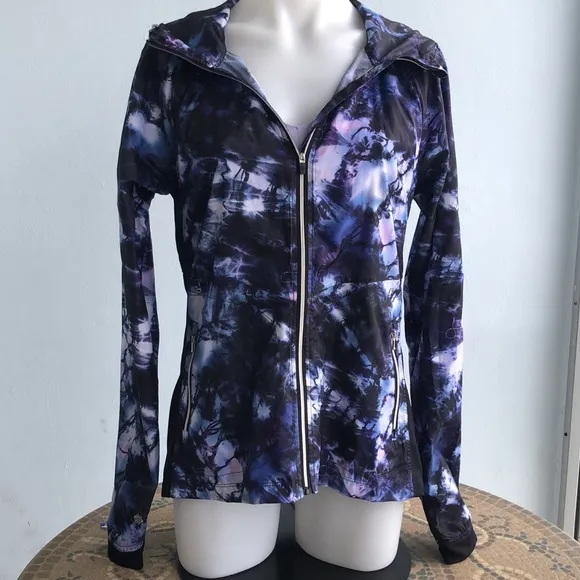 NANETTE LEPORE BLACK/PURPLE ZIP FRONT HOODED WINDBREAKER • sz M