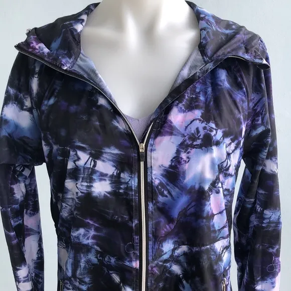 NANETTE LEPORE BLACK/PURPLE ZIP FRONT HOODED WINDBREAKER • sz M