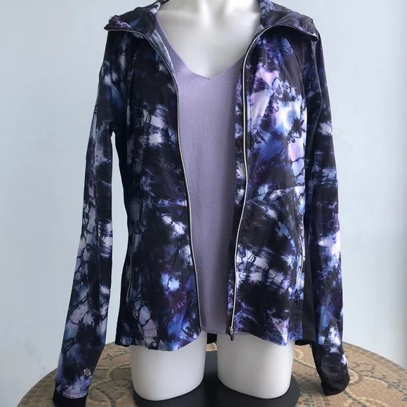 NANETTE LEPORE BLACK/PURPLE ZIP FRONT HOODED WINDBREAKER • sz M