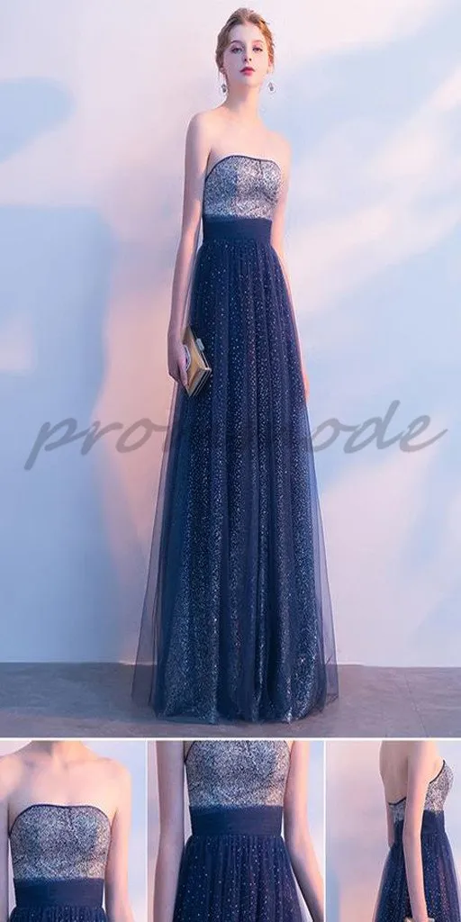 Navy Blue Tulle Strapless Long Shinny Sequin Evening Gowns,Prom Dresses,Party Dresses,PDY0347