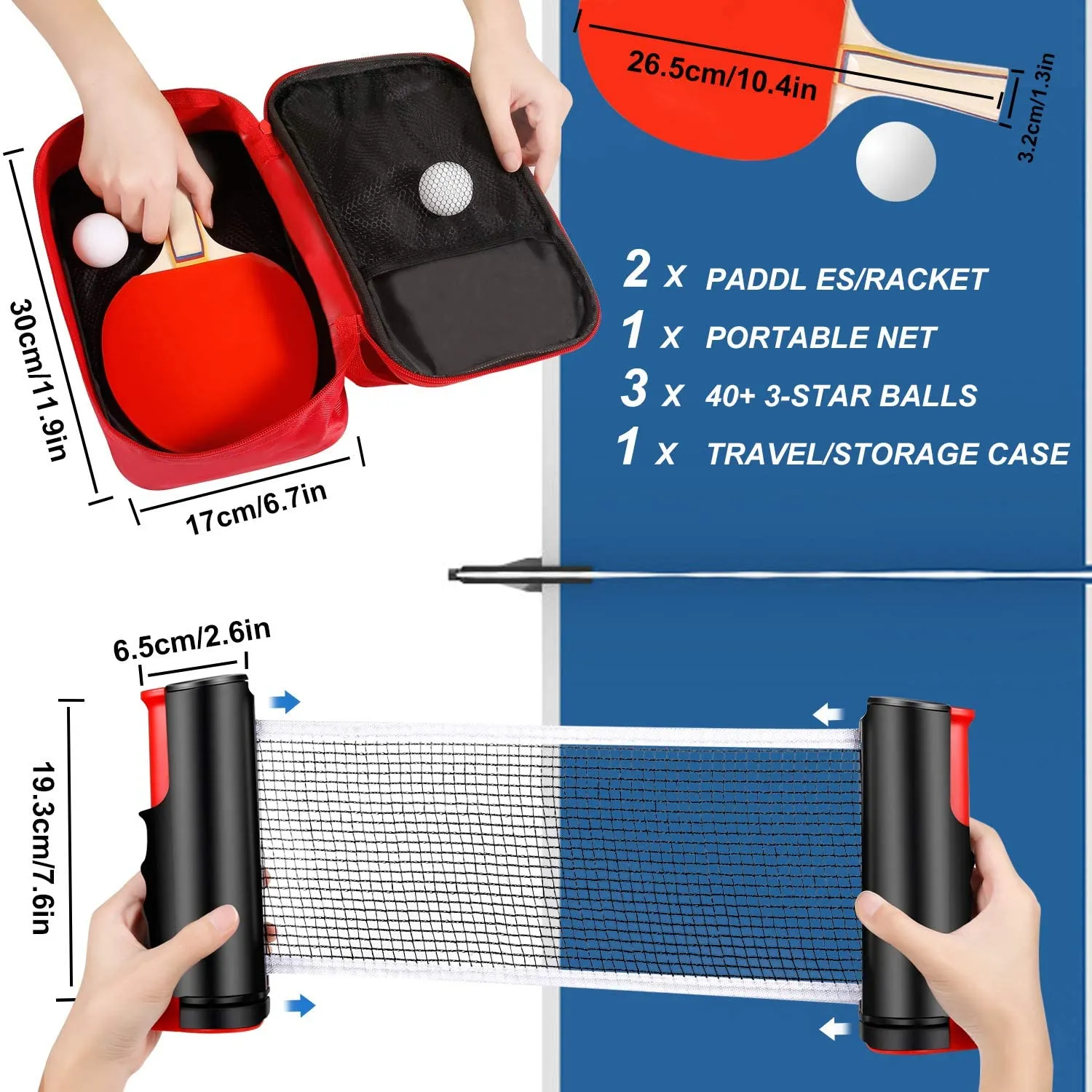 New in Carry Bag! Pawzbay Professional Ping Pong Set with Retractable Net, 2 Premium Table Tennis Paddle with 3 Ping Pong Balls and Portable Zipped Carrying Case Bag