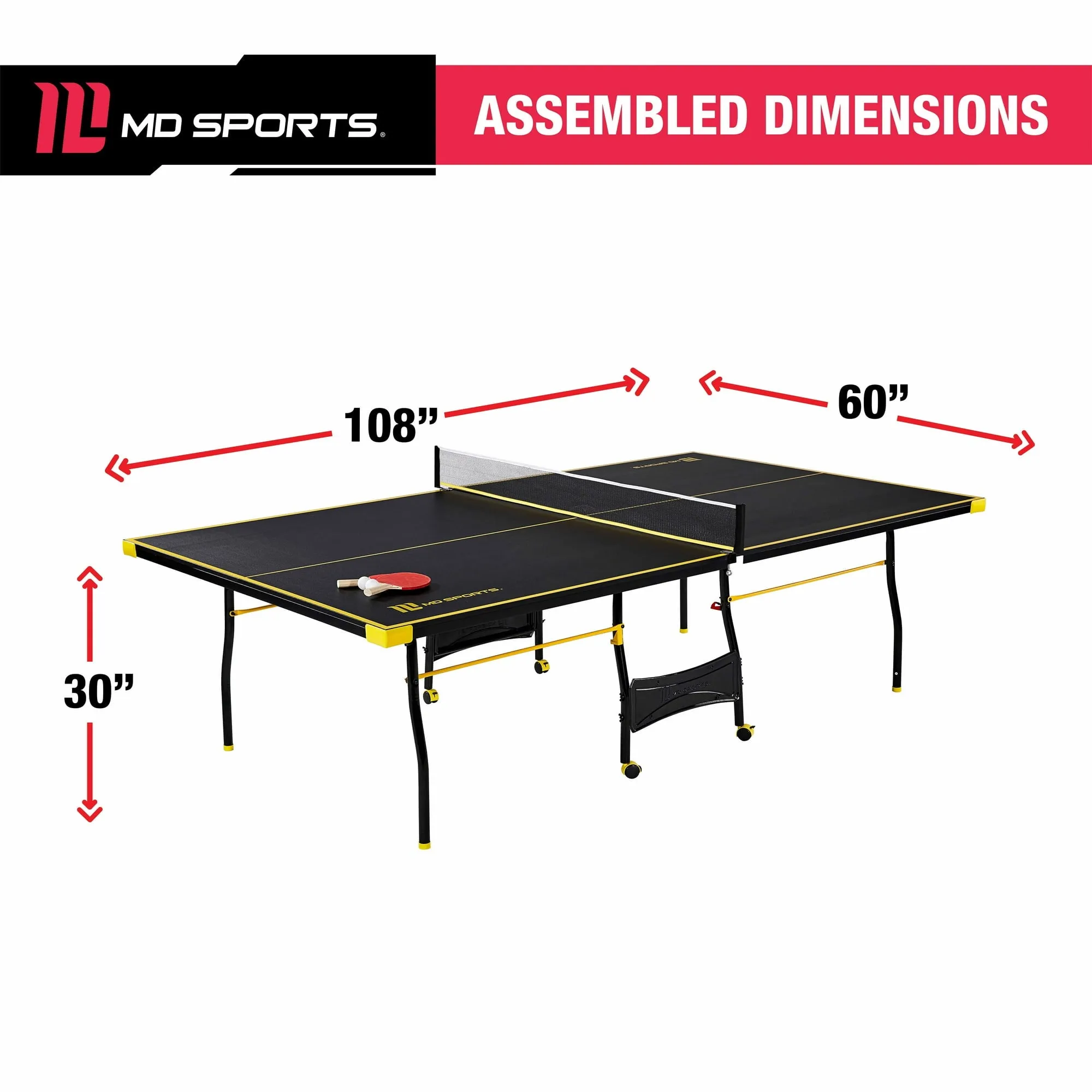 Official Size Table Tennis Table, 15mm, 4 Piece, Pong Table, Black/Yellow, by MD Sports - new