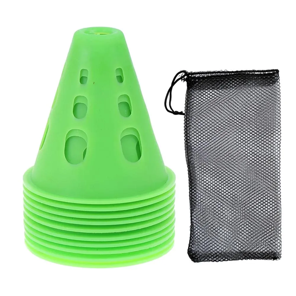 Premium Windproof Agility Marking Cones for Roller Skating & Soccer Training – 10pcs Set with Perforated Design & Storage Bag – Durable ABS Material, Improve Speed & Precision