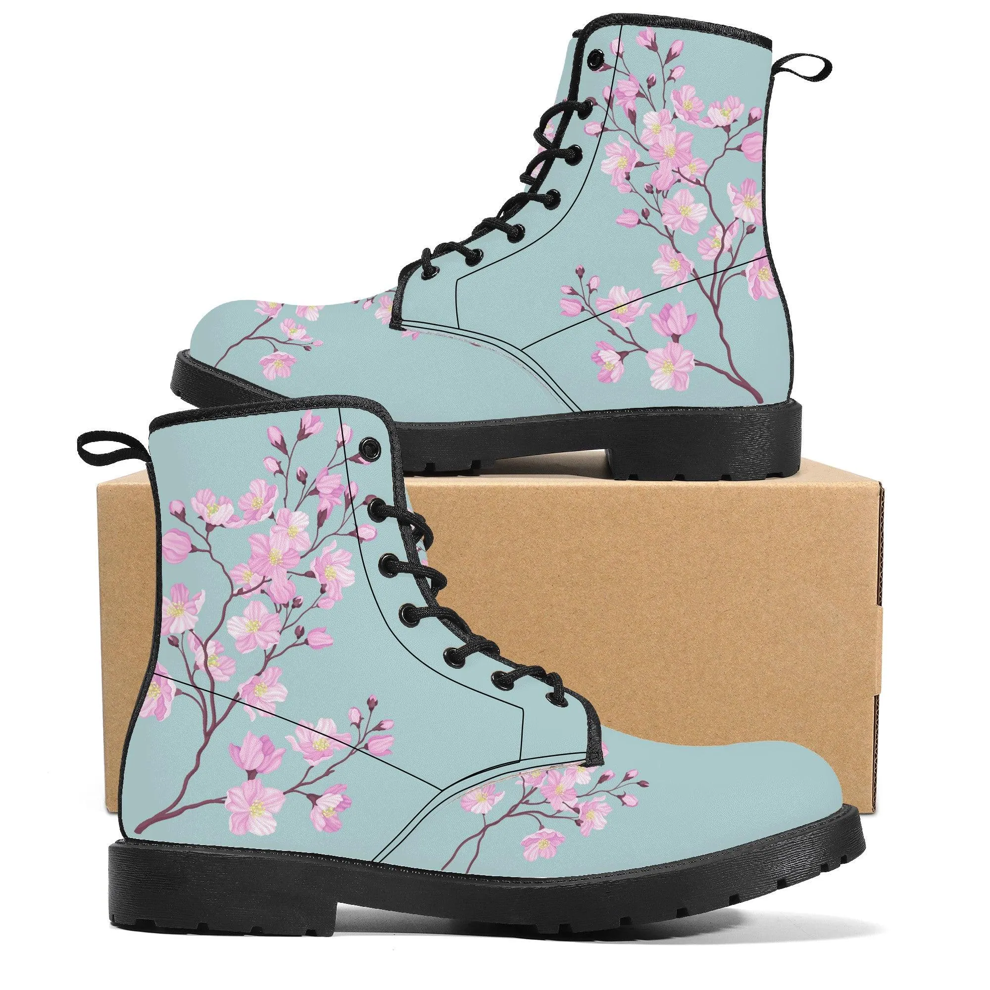 Sky Blue Sakura Vegan Leather Boots