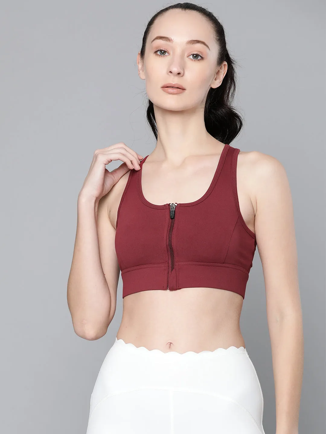 Women's detachable zip-up training Maroon sports bra