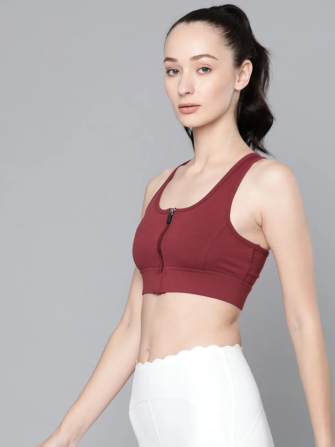 Women's detachable zip-up training Maroon sports bra