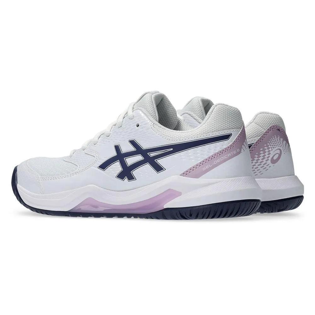 Women`s GEL-Dedicate 8 Wide Tennis Shoes White and Indigo Fog