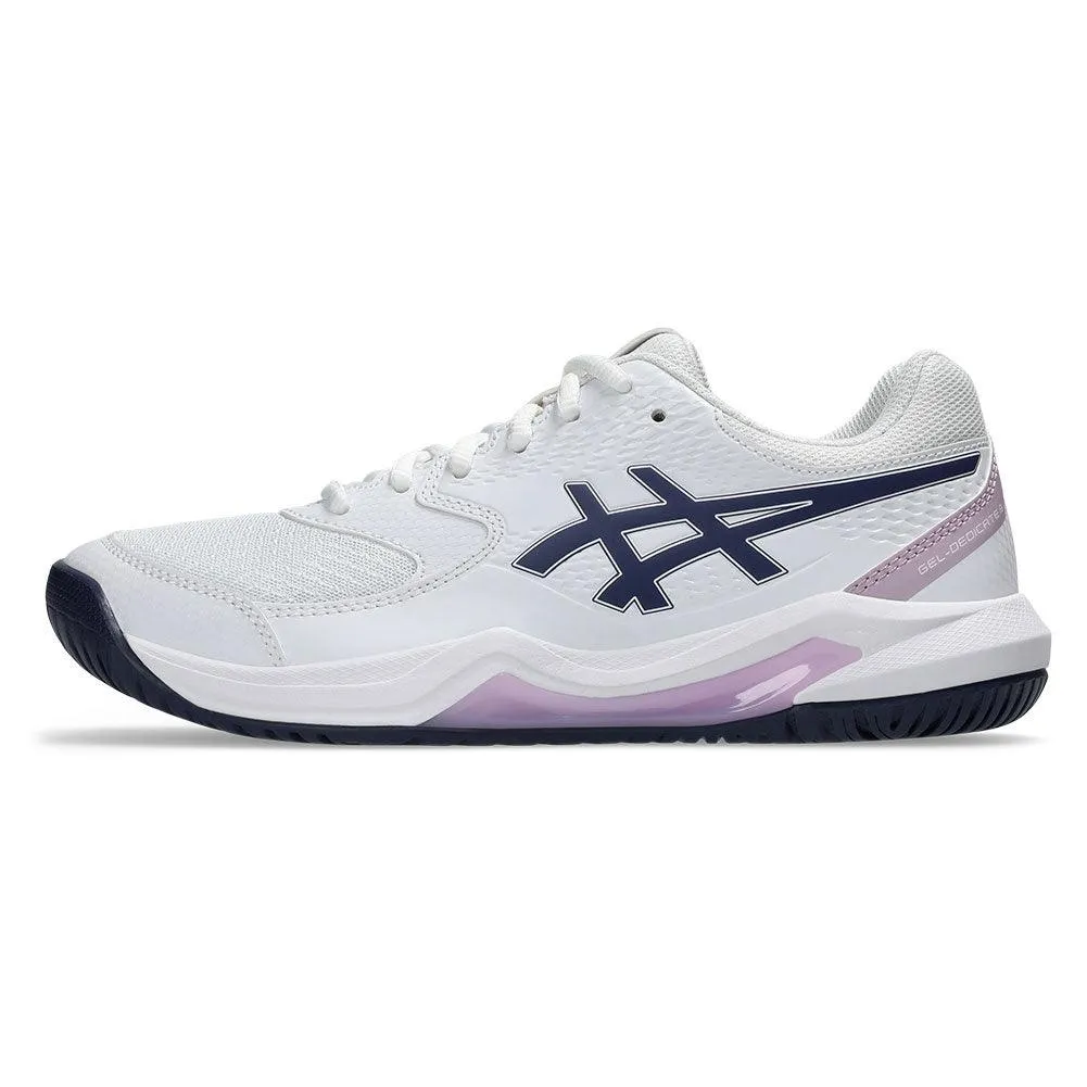 Women`s GEL-Dedicate 8 Wide Tennis Shoes White and Indigo Fog