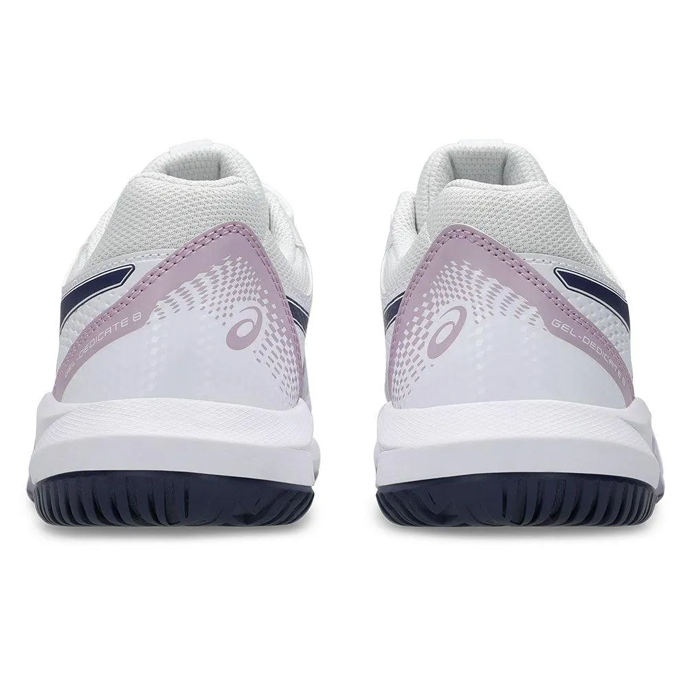 Women`s GEL-Dedicate 8 Wide Tennis Shoes White and Indigo Fog