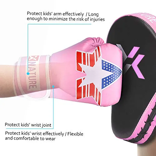 Xnature 4oz 6oz 8oz PU Kids Boxing Gloves w/Gift Box Children Cartoon MMA Kickboxing Sparring Youth Boxing Gloves Training Gloves Age 5-12 Years Pink