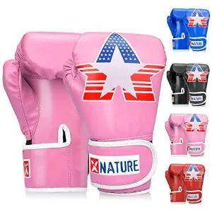 Xnature 4oz 6oz 8oz PU Kids Boxing Gloves w/Gift Box Children Cartoon MMA Kickboxing Sparring Youth Boxing Gloves Training Gloves Age 5-12 Years Pink
