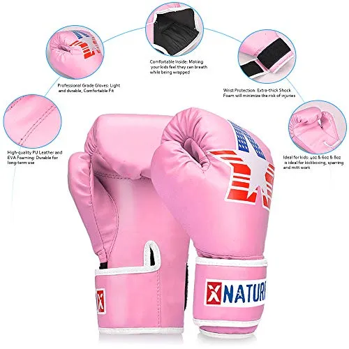 Xnature 4oz 6oz 8oz PU Kids Boxing Gloves w/Gift Box Children Cartoon MMA Kickboxing Sparring Youth Boxing Gloves Training Gloves Age 5-12 Years Pink