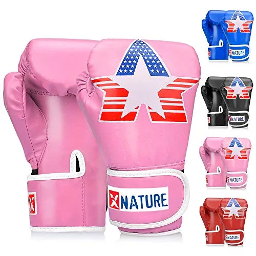 Xnature 4oz 6oz 8oz PU Kids Boxing Gloves w/Gift Box Children Cartoon MMA Kickboxing Sparring Youth Boxing Gloves Training Gloves Age 5-12 Years Pink