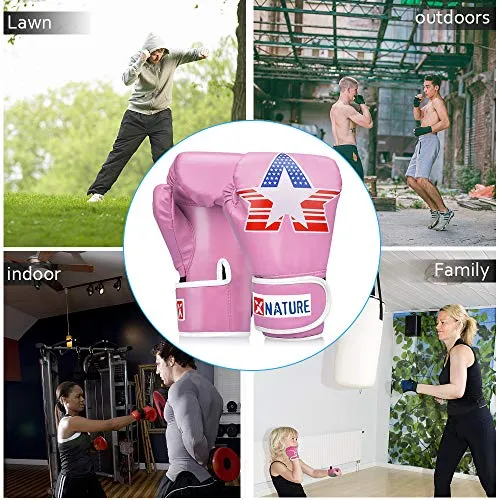 Xnature 4oz 6oz 8oz PU Kids Boxing Gloves w/Gift Box Children Cartoon MMA Kickboxing Sparring Youth Boxing Gloves Training Gloves Age 5-12 Years Pink
